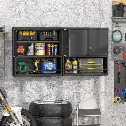 GREATMEET 31" H Metal Garage Storage Cabinets with Doors and Shelves, Lockable Storage Cabinet with Lock, Black Hanging Cabinets for Wall, Wall Mount Cabinet for Utility Room