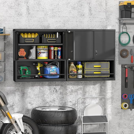 GREATMEET 31" H Metal Garage Storage Cabinets with Doors and Shelves, Lockable Storage Cabinet with Lock, Black Hanging Cabinets for Wall, Wall Mount Cabinet for Utility Room