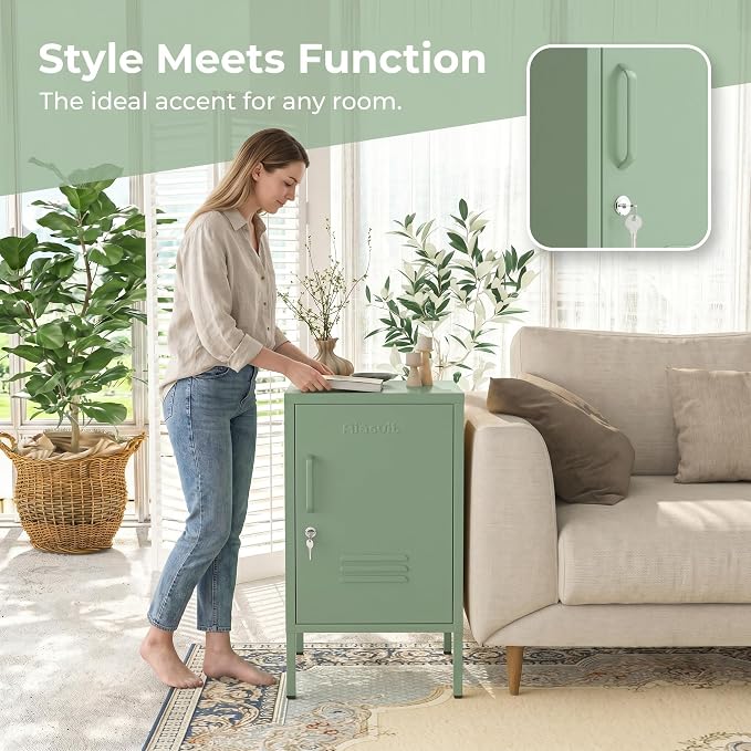Single Door Lockable Metal End Table & Children's Bedside Table, 2-Tier Storage Cabinet with Adjustable Shelf, Easy Assembly Side Table for Living Room Bedroom Home Office Green