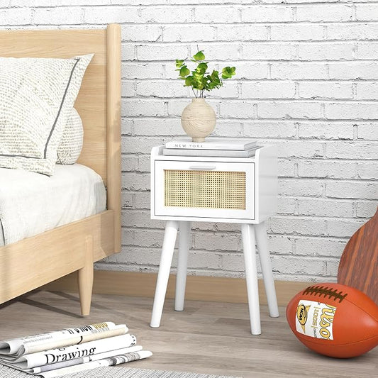 LAATOOREE Nightstand Set of 2, Small White Bedside Table, End Table with Rattan Door, Boho Side Table with Solid Wood Legs for Bedroom Living Room Small Space