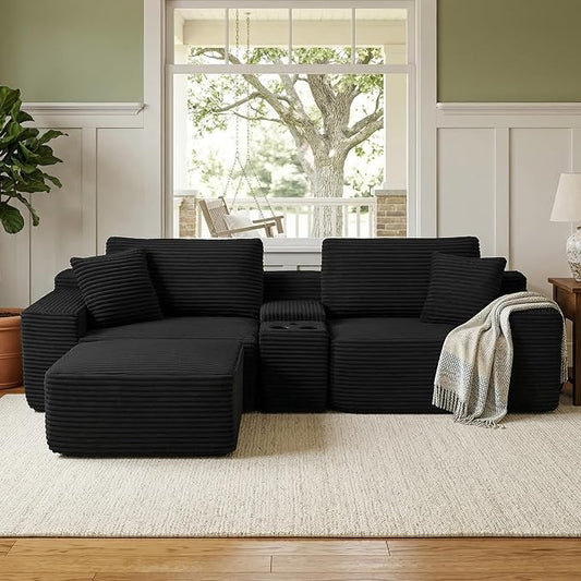 ivoros 111 Inch Modular Sectional Sofa Couch, Oversized Modern Cloud Couch for Living Room, L Shape Couches with Ottomans, USB Ports and Cup Holders, Black Corduroy Boneless Sofas, Sofa in a Box
