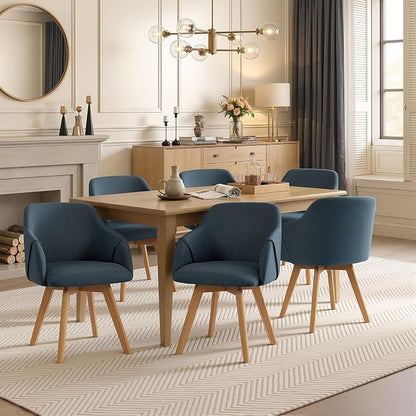 Swivel Dining Chairs Set of 6, Mid Century Modern Dining Chairs with Arms and Wood Legs, Linen Fabric Upholstered Kitchen Chairs for Dining Room Living Room, Comfortable Widen Seat, Blue