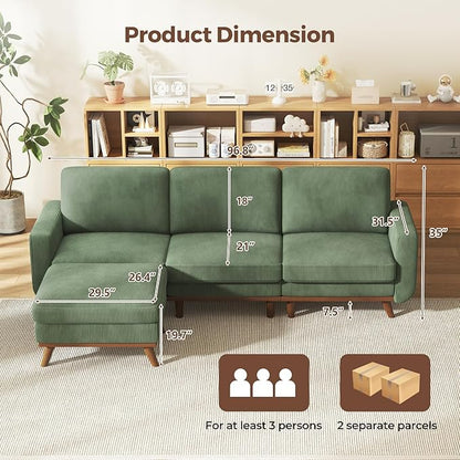 L-Shaped Sectional Sofa, 3-Seater Convertible Couch with Ottoman, FSC Certified Solid Wood Frame, Spring Cushions, Curved Armrests, Comfort Corduroy Sofa for Living Room, Apartment, Office, Green