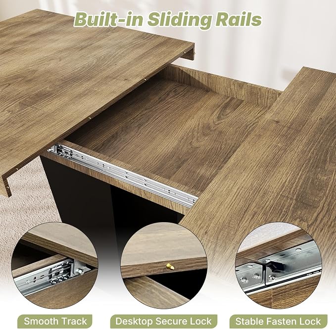 Zevemomo 63"-78.7" Expandable Dining Table, 6-10 Rectangle Table, Extendable Console Table, Wooden Farmhouse Kitchen Table with Metal Track & Dual Column Base for Living, Office-Brown