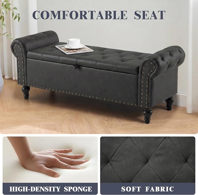 51" Storage Bench for Bedroom, Upholstered Ottoman Bench, Leather DarkGray | End of Bed Bench for Bedroom, Window Benches for Living Room, Entryway, Ottoman with Large Storage Space, Pet Friendly