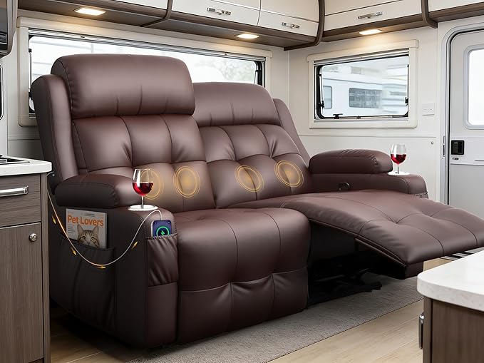 Reclining Loveseat, 55.1" RV PU Leather Wall Hugger Recliner Love Seats Sofa with USB-A/Type C Charging Station, Cup Holder, Double Recliners Couch, Manual Love Seat for RV & Gaming Room