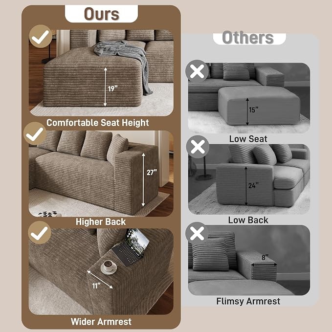 Oversized L Shaped Boneless Sectional Couches for Living Room, 107" Comfy Fluffy Cloud Modular Sectional Sofa, Plush Corduroy Memory Foam Floor Sofa with Left Facing Chaise Couch