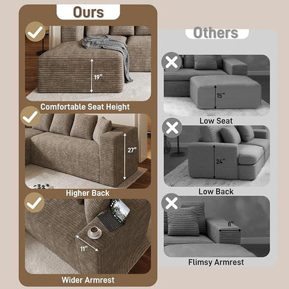 Oversized L Shaped Boneless Sectional Couches for Living Room, 107" Comfy Fluffy Cloud Modular Sectional Sofa, Plush Corduroy Memory Foam Floor Sofa with Left Facing Chaise Couch