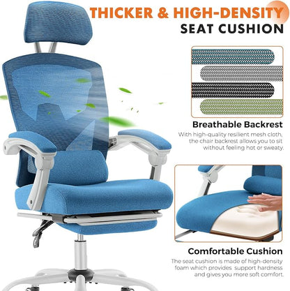 Sweetcrispy Office Computer Desk Chair, Ergonomic High-Back Mesh Rolling Work Swivel Chairs with Wheels, Comfortable Lumbar Support, Comfy Arms for Home, Bedroom, Study, Student, Blue