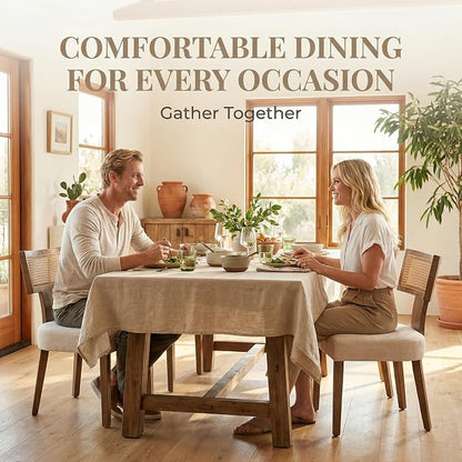 HNY Mid Century Modern Rattan Dining Chairs Set of 2, Linen Upholstered Kitchen & Dining Room Chairs with Ergonomic Curved Back, Solid Wood Frame, Farmhouse Accent Chairs for Home, Apartment, Beige