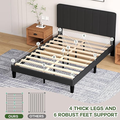 Queen Size Bed Frame with Headboard, Platform Bed with Soft Velvet Upholstered Headboard | Wooden Slats Support | Adjustable Height | No Box Spring Needed, Queen Bed Frame Black