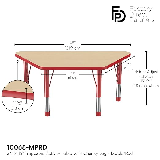 FDP Trapezoid Activity School and Classroom Kids Table (24 x 48 inch), Chunky Toddler Legs for Collaborative Seating Environments, Adjustable Height 15-24 inches - Maple Top and Red Edge