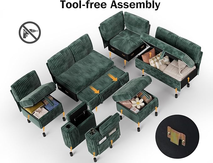 Vipbear 111" Modular Sectional Sleeper Sofa with Pull Out Bed, 7 Seat Corduroy L Shaped Couch with Ottoman|USB Ports|Cup Holders|Side Table|Storage Armrest, Tool Free Assembly, Green