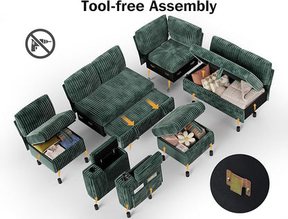 Vipbear 111" Modular Sectional Sleeper Sofa with Pull Out Bed, 7 Seat Corduroy L Shaped Couch with Ottoman|USB Ports|Cup Holders|Side Table|Storage Armrest, Tool Free Assembly, Green
