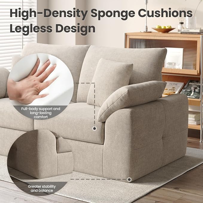 75.6" Modern Loveseat Sofa for Living Room, Cloud Boneless Couches with 4 Pillows, Mid Century Loveseat couches for Small Place, No Assembly Required, Camel
