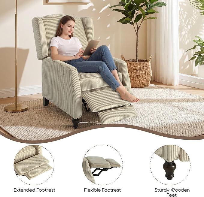 Wingback Recliner Chair with Massage and Heat, Tufted PU Leather Push Back Arm Chair for Living Room Vintage Recliner Chair with Remote Control, Padded Cushion, Backrest