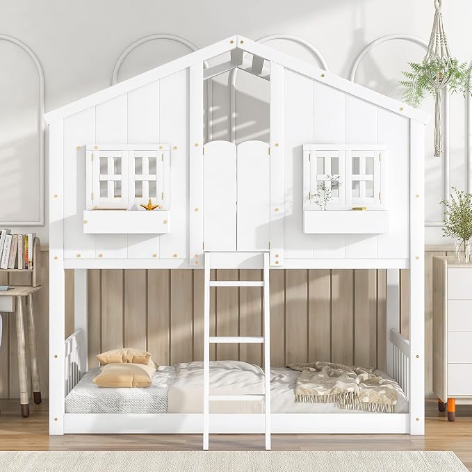 Twin over Twin House Bunk Bed with Roof,Windows,Door,Window Boxes,Safety Guardrails & Ladder,Pine Wood Frame,Low-Height Kids Bunk Beds for Bedrooms,Playful Loft Bed with Easy Assembly, White