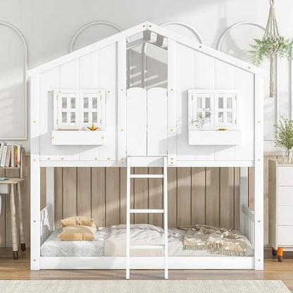 Twin over Twin House Bunk Bed with Roof,Windows,Door,Window Boxes,Safety Guardrails & Ladder,Pine Wood Frame,Low-Height Kids Bunk Beds for Bedrooms,Playful Loft Bed with Easy Assembly, White