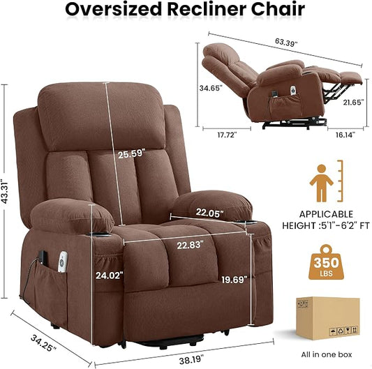 MAHOMICO Power Lift Recliner Chair for Elderly with Vibration Massage and Lumbar Heating Oversized Single Sofa with Cup Holder and USB Charge Port for Living Room