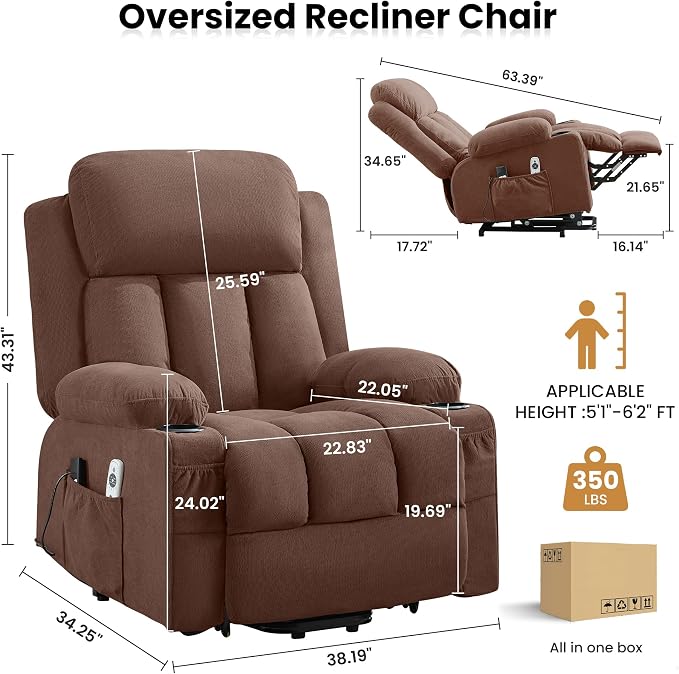 MAHOMICO Power Lift Recliner Chair for Elderly with Vibration Massage and Lumbar Heating Electric Oversized Single Sofa with Cup Holder and USB Charge Port for Living Room