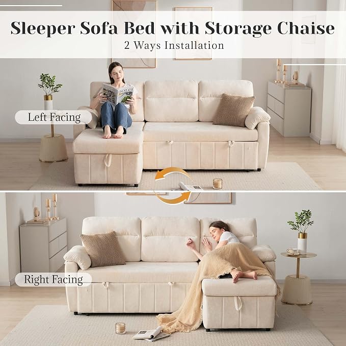 Tbfit 84'' Pull Out Sofa, 3 in 1 Sleeper Sofa Couch with USB & Storage Chaise, Cloud Sofa Bed with Pull Out Bed, Chenille Convertible Sleeper Sofas for Living Room, Small Spaces, Beige