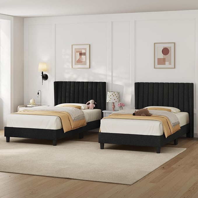 Yaheetech Twin Bed Frame Upholstered Platform Bed with Fabric Headboard, Wing Edge Design/Non-Slip and Noise-Free/Wooden Slats Support/No Box Spring Needed/Easy Assembly,Black Twin Bed