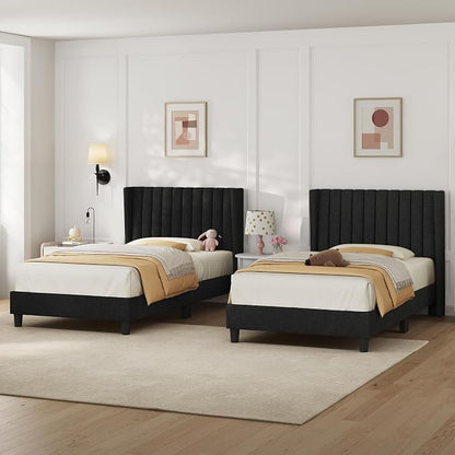 Yaheetech Twin Bed Frame Upholstered Platform Bed with Fabric Headboard, Wing Edge Design/Non-Slip and Noise-Free/Wooden Slats Support/No Box Spring Needed/Easy Assembly,Black Twin Bed