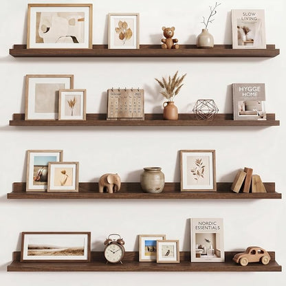 Axeman Picture Ledge Shelf | 48 Inch Walnut Floating Shelves Set of 4 | Rustic Wood Wall Shelves with Lip | 48" Walnut Picture Shelves for Wall with Ledge | Photo Shelves
