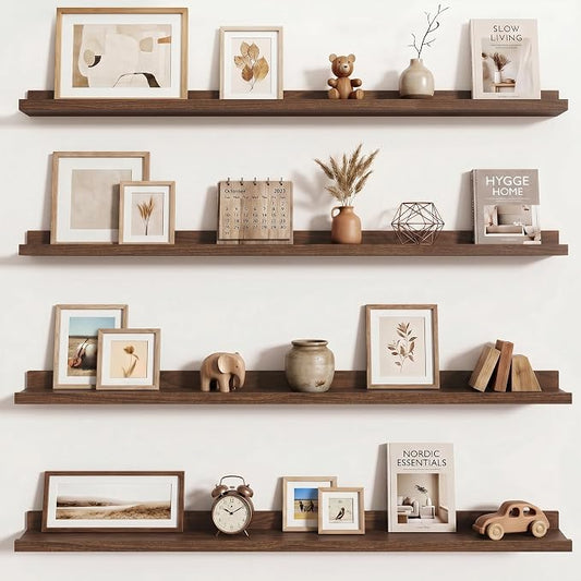 Axeman Picture Ledge Shelf | 48 Inch Walnut Floating Shelves Set of 4 | Rustic Wood Wall Shelves with Lip | 48" Walnut Picture Shelves for Wall with Ledge | Photo Shelves