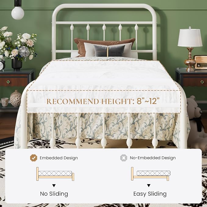 SHA CERLIN Twin Size Metal Platform Bed Frame with Victorian Style Iron-Art Headboard and Footboard, Easy Assembly, Under Bed Storage, No Box Spring Required, Off White