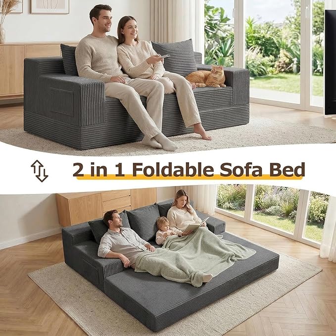 cidludto Convertible Sofa Bed, 78" Oversized Boneless Loveseat Couch 2 in 1 Foldable Futn Bed Couch in A Box, Folding Sofa Chair for Living Room, No Assembly Required, Grey
