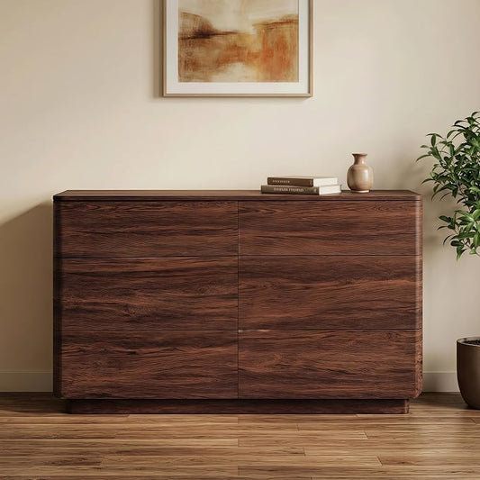 JXQTLINGMU 6 Drawer Dresser for Bedroom, 52" Wide Modern Wood Dressers with Push-to-Open Drawers for Closet Storage, Chest of Drawers TV Stand for Living Room & Hallway, Curved Profile, Walnut