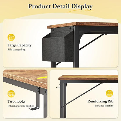 DurayLoly 40" Computer Desk with Waterproof LED Lights,Bedroom Study Desk for Teens,Dorm Room Essentials,Headphone Hook&Storage Bag for Small Spaces,Sturdy Metal Frame,Rustic Brown