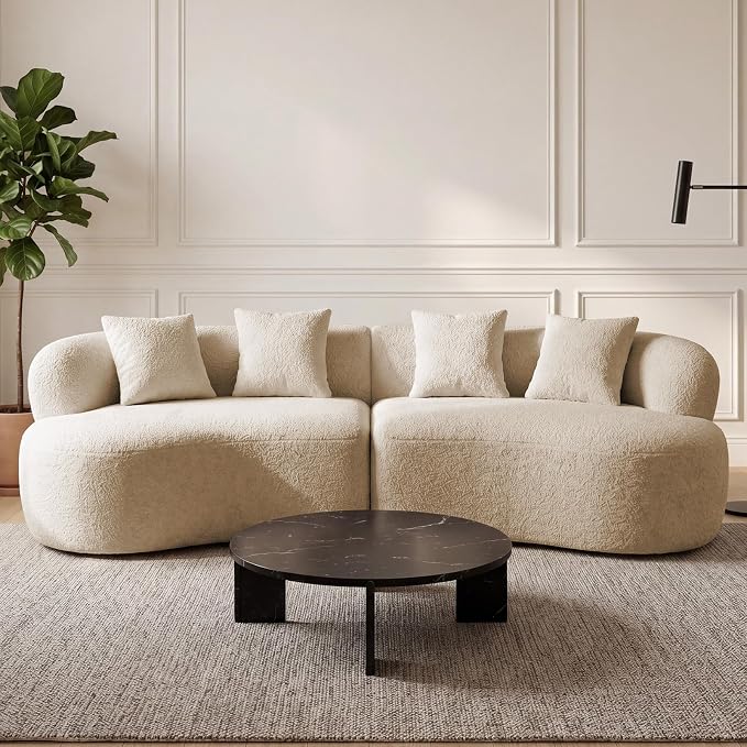 113" Curved Sectional Sofa Modern Cream Cloud Couch Modular Sectional Couches for Living Room Boneless Cloud Sofa Boucle Loveseat Comfy Chenille Deep Seat with 4 Pillows, Light Brown