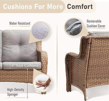Outdoor Loveseat Sofa - 3 Piece Patio Furniture with Ottoman Deep Seating Patio Couch for Porch Deck Garden Backyard - Yellow/Beige