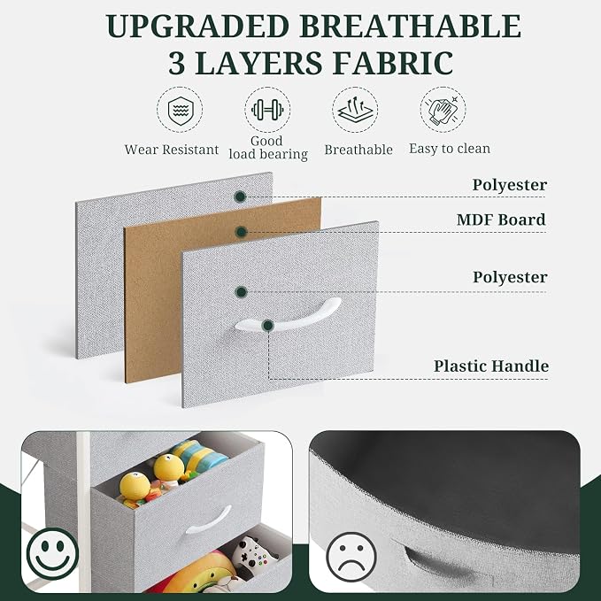 4 Drawers Dresser for Bedroom, Fabric Storage Tower Organizer with Wooden Top and Steel Frame, Tall Chest of Drawers for Closet, Entryway, Dorm, Light Gray