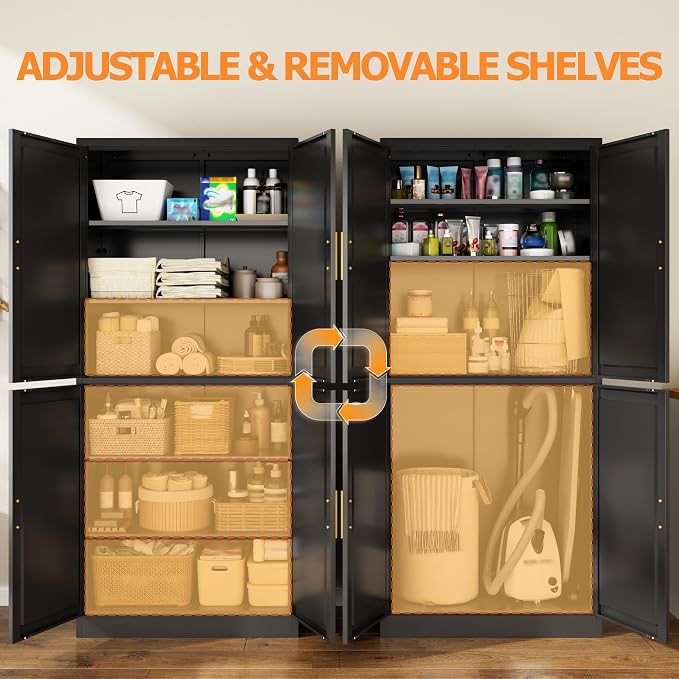 Wanfu 71" Tall Pantry Cabinet, Metal Kitchen Pantry Cabinet with 4 Doors and 4 Adjustable Shelves, Kitchen Pantry Storage Cabinets, Metal Storage Cabinet for Kitchen, Dining Room, Living Room-Black