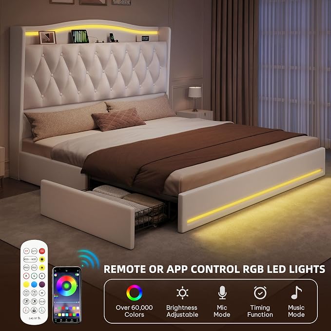 YITAHOME King Size Bed Frame with 4 Storage Drawers and RGB LED Lights, 57'' Tall Headboard Velvet Upholstered Bed with Charging Station, No Box Spring Needed, Easy Assembly, Noise-Free, Beige