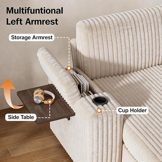 Vipbear 111" Modular Sectional Sleeper Sofa with Pull Out Bed, 7 Seat Plush Corduroy L Shaped Couch with Storage Chaise|USB Ports|Cup Holders|Side Table|Storage Armrests, Tool Free Assembly, Beige
