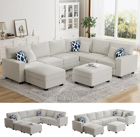 Legend Vansen Oversized Modular Sectional Sofa,U/L‑Shaped Reversible Couch with Ottoman,Deep Seat Plush Polyester Sofa for Living Room,8‑Seater,Cream