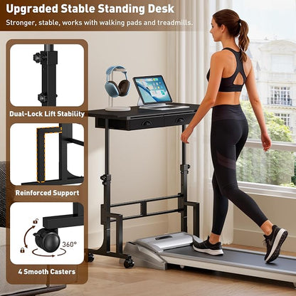Jsskeeim Adjustable Standing Desk with Drawers, Rolling Sit Stand Desk with Wheels for Walking Pad, Small Mobile Computer Desk for Home Office, Portable Height Adjustable Desk 31.5"-43.3", Black