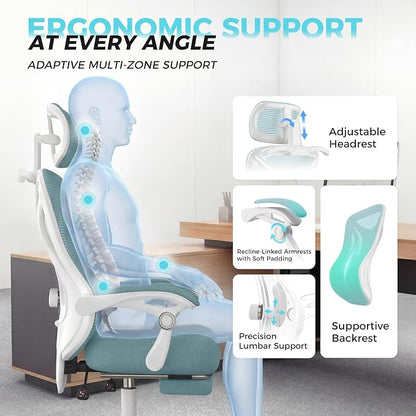 CYKOV Ergonomic Office Chair with Footrest - Adjustable Lumbar Support & Headrest, 90-135° Reclining Mesh Back Computer Chair - Home Office/Gaming, 350lbs Capacity
