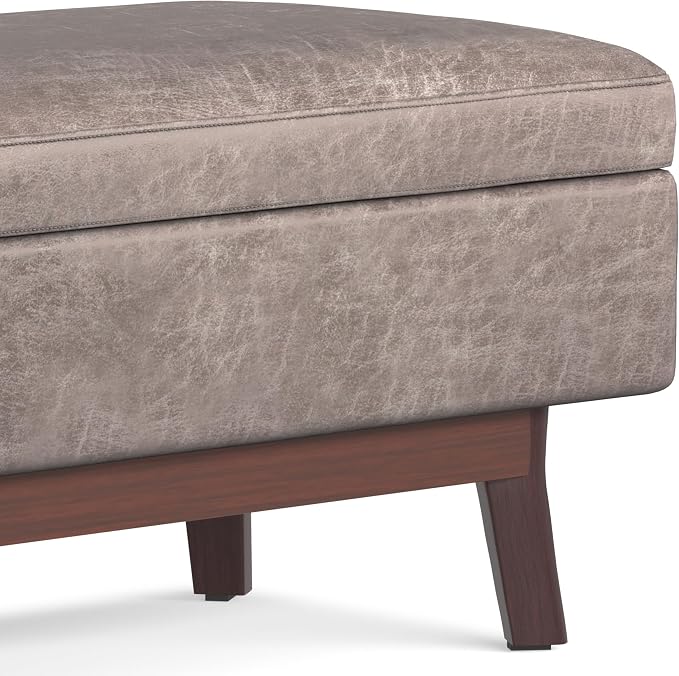 SIMPLIHOME Owen Rectangular Storage Ottoman - 48 inch Wide Upholstered Vegan Leather Lift-Top Ottoman in Distressed Grey Taupe, Mid-Century Modern Ottoman for Living Room with Tufted Detail