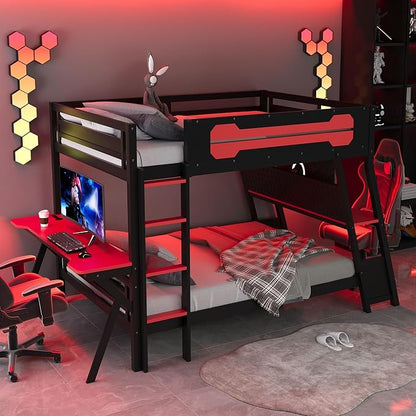 Merax Wooden Full Over Full Bunk Bed with 2 Side Desks, USB Desktop Ports and Pegboard Organizer, Gaming Bunk Bed for Gamer, Kids or Teens, No Box Spring Needed, Red