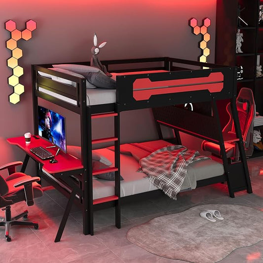 Merax Wooden Full Over Full Bunk Bed with 2 Side Desks, USB Desktop Ports and Pegboard Organizer, Gaming Bunk Bed for Gamer, Kids or Teens, No Box Spring Needed, Red