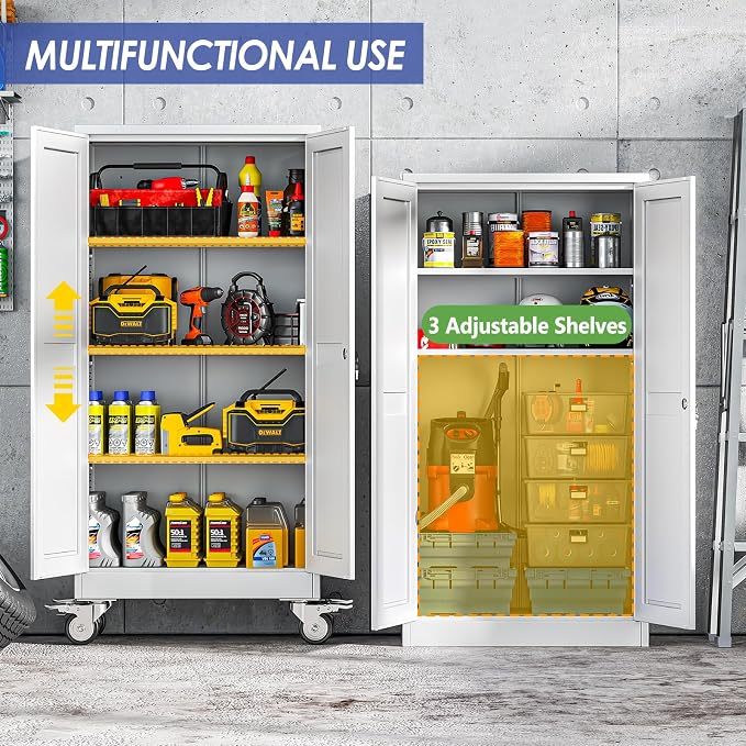 61" Metal Garage Storage Cabinet with Wheels and Locking Doors and Tall Rolling Steel Tool Cabinet with 3 Adjustable Shelves for Garage,Home,Office,Shop (White, 61''H x 28''W x14''D)