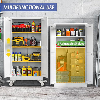 61" Metal Garage Storage Cabinet with Wheels and Locking Doors and Tall Rolling Steel Tool Cabinet with 3 Adjustable Shelves for Garage,Home,Office,Shop (White, 61''H x 28''W x14''D)
