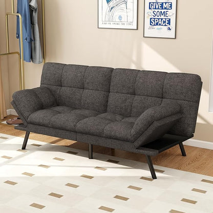 Vipbear 71" Futon Sofa Bed - Convertible Sofa Beds/Adjustable Backrest & Armrest,Detachable Cushion, Loveseat Sleeper for Small Spaces, Apartments & Offices, Grey Futons