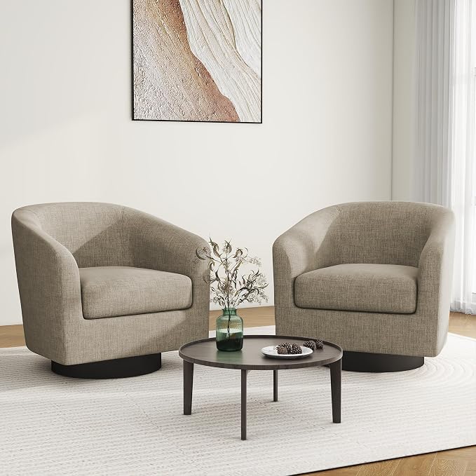 Swivel Barrel Accent Chair, Modern Round Linen Arm Chair for Living Room, Bedroom, Comfy Club Reading Chairs for Adults（Linen Fabric, Light Brown, Set of 2