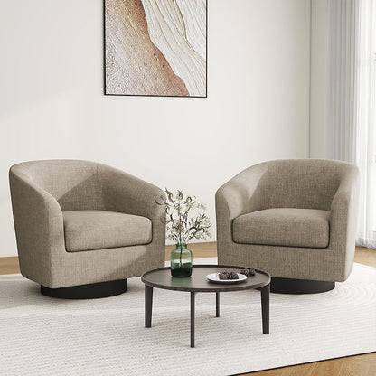 Swivel Barrel Accent Chair, Modern Round Linen Arm Chair for Living Room, Bedroom, Comfy Club Reading Chairs for Adults（Linen Fabric, Light Brown, Set of 2